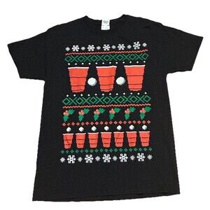 Beer Pong Ugly Christmas T-Shirt Men’s Medium Red Cup Funny Holiday Tee